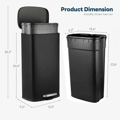 8 Gal Kitchen Trash Can, 30L Recycling or Garbage Bin, Brushed Stainless Steel Waste Basket, Soft&Quiet Close Dustbin, with Step-On Pedal, Removable Inner Bucket, for Home, Office, Living Room