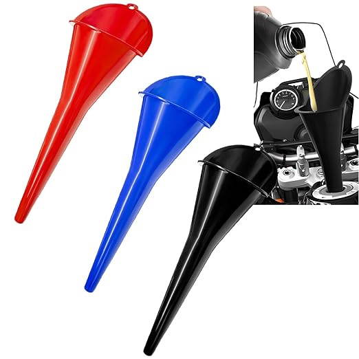 3-Pack Long-Neck Oil Funnels, 11" Multi-Purpose Funnels for Automotive & Motorcycle Use – Reusable Funnel for Oil, Gas & Transmission Fluid (Black+Blue+Red)