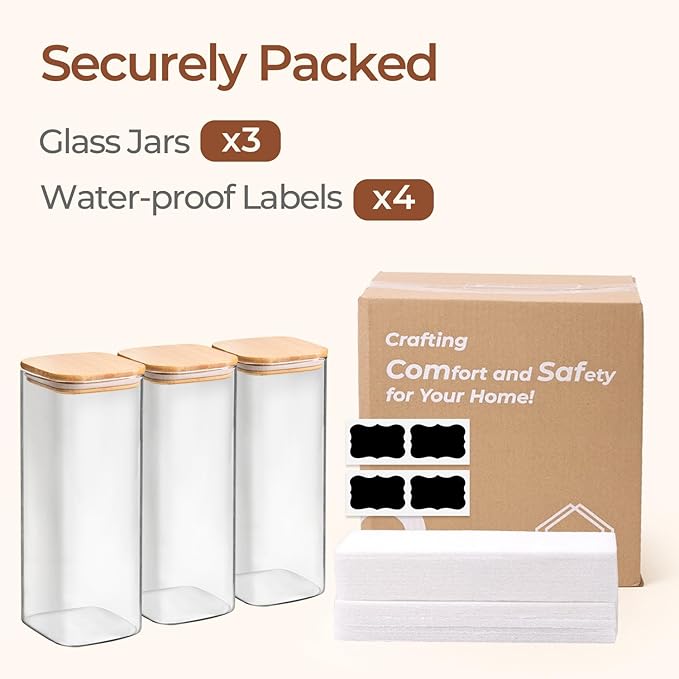 ComSaf 1.9 Qt Glass Storage Containers with Lids, Glass Jars with Lids, Clear Food Storage Jar, Square Canister Set of 3, Pantry Organizers and Storage for Flour Rice Pasta Tea Coffee Bean - Image 8