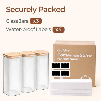 ComSaf 1.9 Qt Glass Storage Containers with Lids, Glass Jars with Lids, Clear Food Storage Jar, Square Canister Set of 3, Pantry Organizers and Storage for Flour Rice Pasta Tea Coffee Bean - Image 8