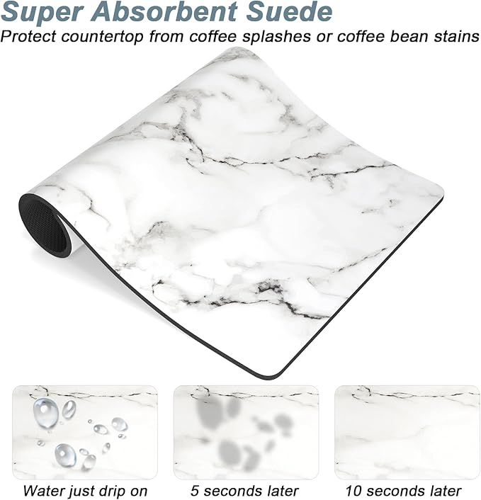 Rnivvi Coffee Mat, 12" x 19" Cute Marble Style Coffee Bar Mats for Espresso Machine Station Accessories and Organizer, Hide Stain Rubber Backed Absorbent Dish Drying Pad for Kitchen Counter, White - Image 3