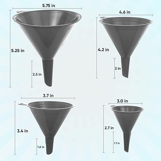 Funnel Gray in 4 Different Sizes (122, 101, 76 & 50mm) Durable & Non-Toxic Food Grade Plastic -Funnels for Filling Bottles or Containers – Ideal for Kitchen, Garage & Labs - Image 2