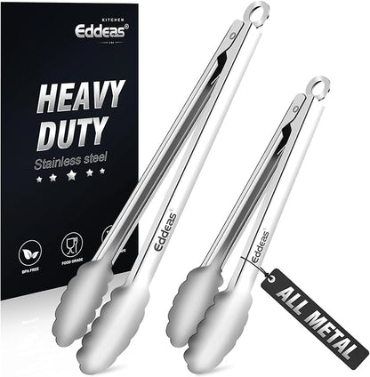 Eddeas All Metal Tongs For Cooking - Heat Resistant 600 Degrees Stainless Steel Kitchen Tongs, Set of 2-9" & 12 inch, Locking Tongs, For Food,Salad, BBQ, Grilling, Dishwasher safe by Eddeas