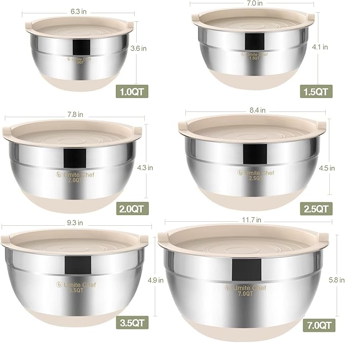 Umite Chef Mixing Bowls with Airtight Lids, 6 piece Stainless Steel Metal Nesting Storage Bowls, Non-Slip Bottoms Size 7, 3.5, 2.5, 2.0,1.5, 1QT, Great for Mixing & Serving (Khaki) - Image 6