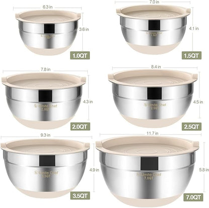 Umite Chef Mixing Bowls with Airtight Lids, 6 piece Stainless Steel Metal Nesting Storage Bowls, Non-Slip Bottoms Size 7, 3.5, 2.5, 2.0,1.5, 1QT, Great for Mixing & Serving (Khaki) - Image 6
