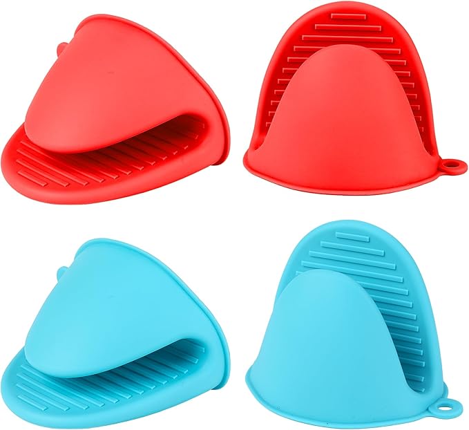 4 PCS Silicone Oven Mitts Heat Resistant Mini Oven Gloves for Kitchen Rubber Air Fryer Mitts Oven Accessories Finger Cooking Pinch Mitts Pot Holders for Kitchen Cooking Baking Dishwasher, Black & Red by Libemskix