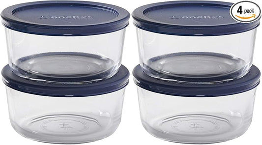 Anchor Hocking SnugFitTM Round Food Storage Containers with Lids (4-Piece, 4-cup, Navy Blue, oven-safe)