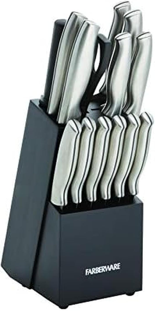 Farberware 15-Piece Stamped Stainless Steel Knife Block Set, High-Carbon Stainless Steel Kitchen Knife Set with Ergonomic Handles, Razor-Sharp Knives with Wood Block, 15-Piece, Black 2 by Farberware