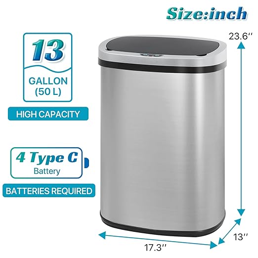 Dkeli 13 Gallon Automatic Motion Sensor Trash Can, Stainless Steel Touchless Kitchen Trash Can with Lid, 50L High-Capacity Office Bathroom Bedroom Garbage Bin