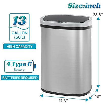 Dkeli 13 Gallon Automatic Motion Sensor Trash Can, Stainless Steel Touchless Kitchen Trash Can with Lid, 50L High-Capacity Office Bathroom Bedroom Garbage Bin