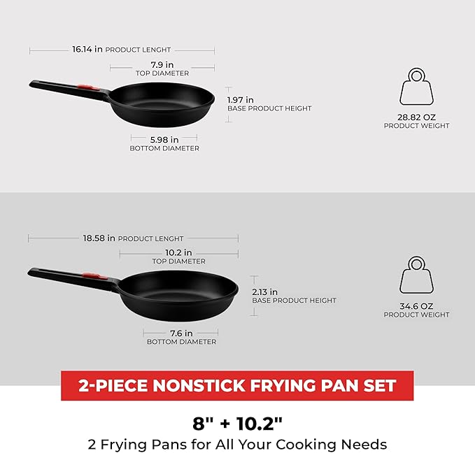 BRA COOKWARE Infinity 2-Piece Nonstick Frying Pan Set | 8 & 10.2 Inch Cast Aluminum Skillet Set | Removable Handle | PFOA/PFAS Free Fry Pans | All Cooktops incl. Induction | Oven Safe Skillets