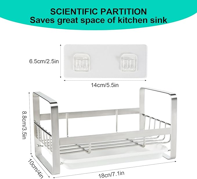 TEZZ Sponge Holder for Kitchen Sink, Stainless Steel Kitchen Storage Sink Caddy for Organizing Sponge, Brush & Dish Soap Dispenser, Sink Organizer Rack with Adhesive or Counter top, Silver - Image 5