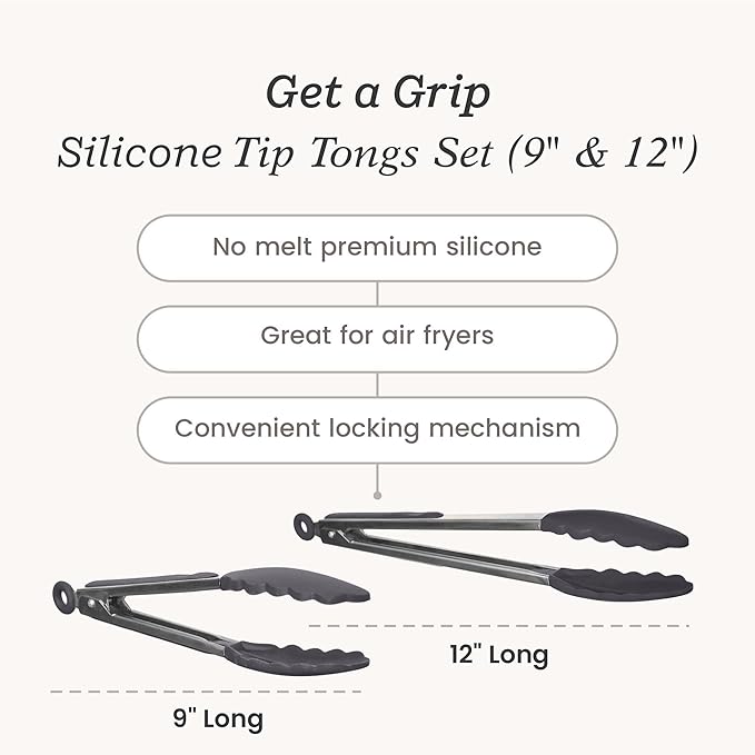 StarPack Premium Silicone Kitchen Tongs Set of 2 (9-Inch & 12-Inch) - Stainless Steel with Non-Stick Silicone Tips, High Heat Resistant to 480°F, For Cooking, Serving, Grill, BBQ & Salad (Stormy Grey) - Image 4