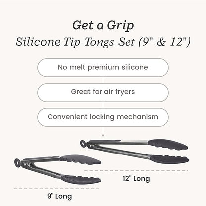 StarPack Premium Silicone Kitchen Tongs Set of 2 (9-Inch & 12-Inch) - Stainless Steel with Non-Stick Silicone Tips, High Heat Resistant to 480°F, For Cooking, Serving, Grill, BBQ & Salad (Stormy Grey) - Image 4