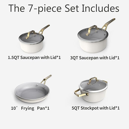 7-Piece Ceramic Nonstick Cookware Set with Lids - PFAS/PTFE/PFOA Free, Interior & Exterior Ceramic Coating -Easy to Clean- Kitchen Storage-All Stovetop Compatible & Oven-Safe up to 480°F