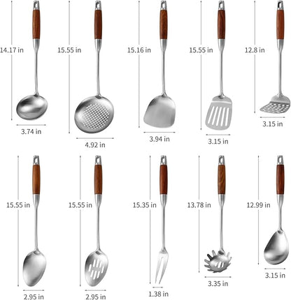 Izurok 18/10 Stainless Steel Kitchen Utensils Set,10 Piece Cooking Utensils With Wood Handle,Heat Resistant Kitchen Tool Set With Spatula,Spoon,Ladle,Skimmer,Slotted Turners,Pasta,Turner,Ladl,Fork - Image 2