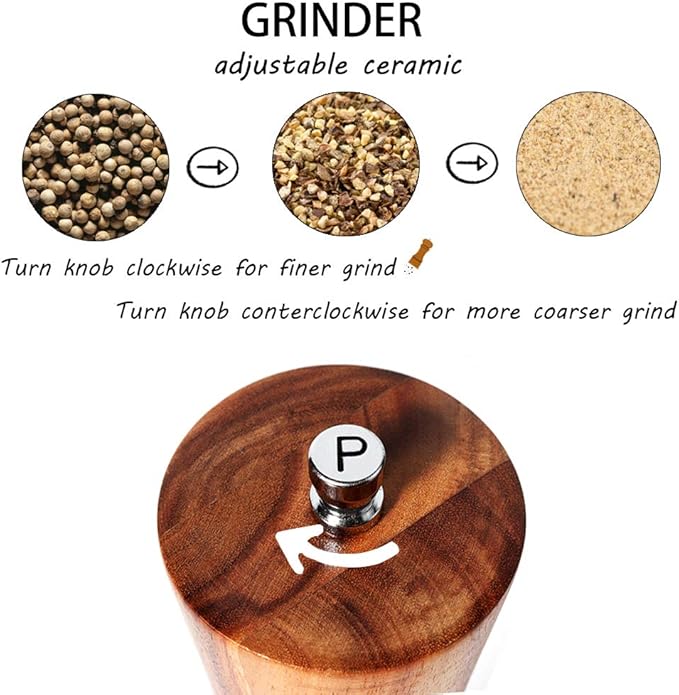 Wooden Salt and Pepper Grinders Set, 8 inch Acacia Wooden Salt and Pepper Mills Shakers Kit Ceramic Rotor with Strong Adjustable Coarseness - Image 2
