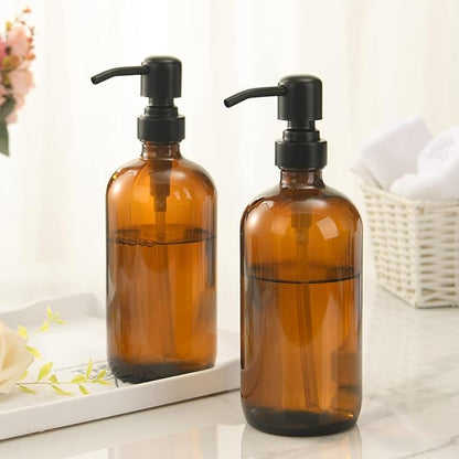 AmazerBath Amber Glass Soap Dispenser, 2 Pack Soap Dispenser Set with Stainless Steel Pump, Vintage Liquid Brown Soap Dispensers Bottle, 17 Oz Dish Soap and Hand Soap Dispensers for Bathroom Kitchen - Image 2