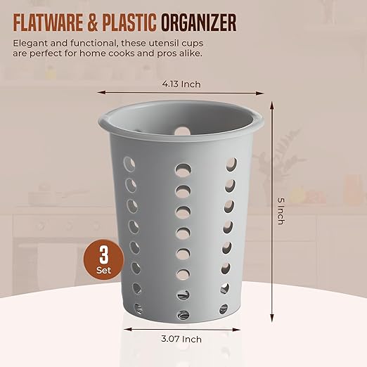 OCS Parts Perforated Utensil Drying Cups | Gray | Set of 3 | Plastic Flatware Holder Cylinders for Kitchen Counter Organization - Image 2