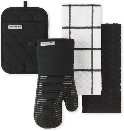 KitchenAid Quilted Cotton Terry Cloth Oven Mitt, Pot Holder, Kitchen Towel 4-Pack Set, Heat Resistant, Silicone Grip, Gift Set, Matte Black, 16"x26", 7"x13" & 7"x10" by KitchenAid