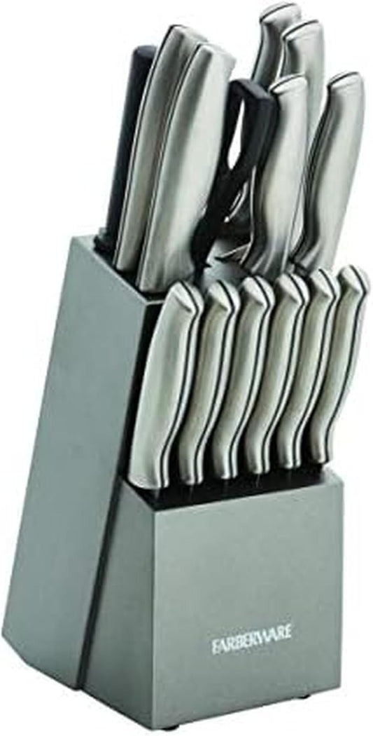 Farberware 15-Piece Stamped Stainless Steel Knife Block Set, High-Carbon Stainless Steel Kitchen Knife Set with Ergonomic Handles, Razor-Sharp Knives with Wood Block, 15-Piece Set, Graphite by Farberware