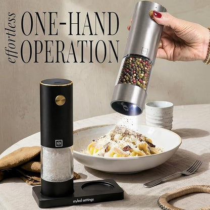Rechargeable Salt and Pepper Grinder Stainless Steel – Electric Salt and Pepper Shaker Set with USB-C Port, LED Light, Adjustable Coarseness, One Touch Control, Sleek Modern Design