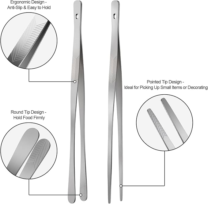 Vaincre 4PCS Kitchen Tongs Tweezers for Cooking, 12" Metal Kitchen Utensils, Stainless Steel Fine Cooking Tweezers Tongs with Precision Serrated Tips for Chef, Culinary, Serving Food, Pasta - Image 3