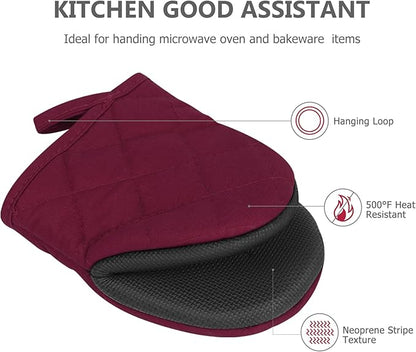 1 Pair Short Oven Mitts - Silicone Kitchen Oven Gloves High Heat Resistant 500℉, Mini Oven Mits with Non-Slip Grip Surfaces and Hanging Loop for BBQ, Baking, Cooking and Grilling (Dark Red) - Image 4