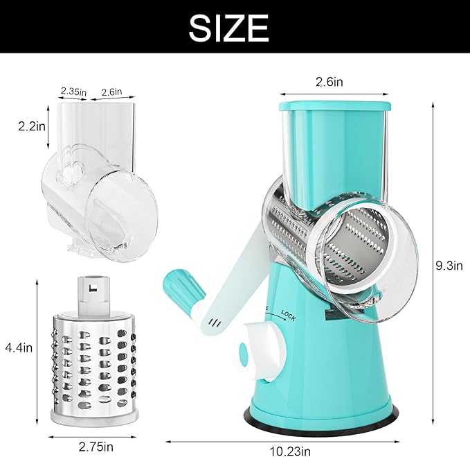 Cambom Rotary Cheese Grater Hand Crank Cheese Shredder for Fresh Cheese, Vegetable, Nuts,Non-slip Suction Base, Five Blades, Blue - Image 7