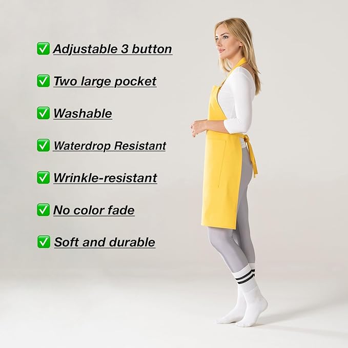 TOSHE Kitchen Apron Waterdrop Resistant Cotton Apron with adjustable Aprons for Women with Pockets 10 Color option Cooking Yellow Apron (Yellow) - Image 7