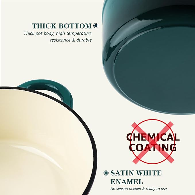 Overmont Enameled Cast Iron Dutch Oven - 7QT Pot with Lid Cookbook & Cotton Potholders - Heavy-Duty Cookware for Braising, Stews, Roasting, Sourdough Baking bottle green - Image 8