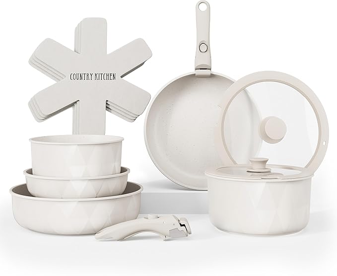 Country Kitchen Cookware Set with Removable Handle, Oven & RV Safe Pots and Pans Set, Cream Diamond, Original by CountryKitchen