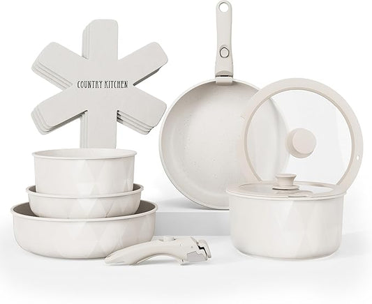 Country Kitchen Cookware Set with Removable Handle, Oven & RV Safe Pots and Pans Set, Cream Diamond, Original by CountryKitchen