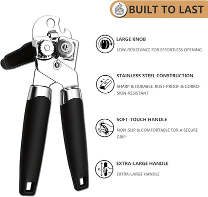Can Opener Manual Heavy Duty - Hand Held Strong Can Openers for Seniors with Oversized Turn Knob, Soft Grip Sharp Blade, Solid Steel Hand Manual Can Open for Kitchen & Camping