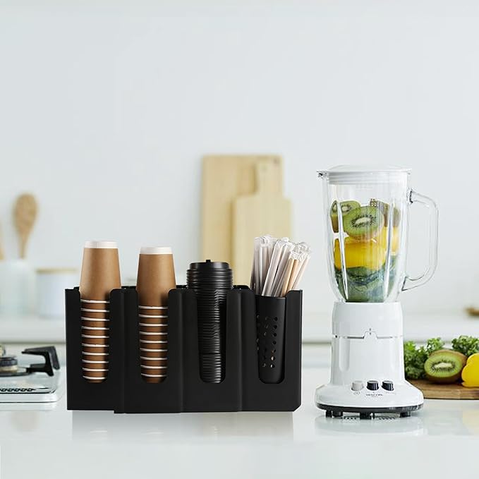 Paper Cup and Lid Holder with Straw Organizer, Disposable Coffee Cup Dispenser for Countertop Coffee Station Bar Restaurant Breakroom, Black - Image 6