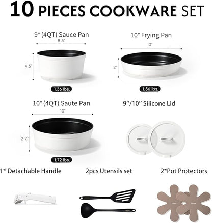CAROTE 22pcs Pots and Pans Set Non Stick, Detachable Handle Cookware Set White, RV Cooking Set, Dishwasher/Oven/Fridge Safe, Pot and Pan Set, Induction Cookware - Image 2