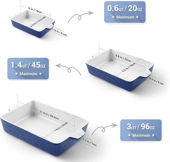 Casserole Dishes for Oven, Ceramic Baking Dishes, Lasagna Pan with Handles, Porcelain Baking Pan Deep, Bakeware for Baking, Cooking, Wedding Gift, Set of 3 (11.6" x 7.8", Dark Blue) - Image 3