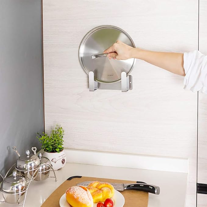 Pot Lid Rack, Wall Mounted 304 Stainless Steel Pan Lid Organizer Holder, Self Adhesive, Kitchen Cooking Utensil Tool (Silver) - Image 2