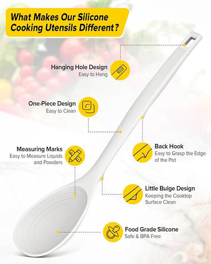 Pack of 2 Silicone Cooking Spoons, Non Stick Solid Kitchen Spoon with Measuring Marks & Back Hooks, Heat Resistant Silicone Slotted Spoon for Cooking, Mixing, Stirring,Serving (WHITE)