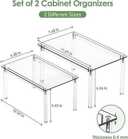 Delamu Clear Kitchen Cabinet Organizer, Set of 2 Acrylic Shelf Organizer for Cupboard Organizers and Storage, Stackable Cabinet Shelf for Plate, Dish, Bowl, Cup & Mug, 11.7" W x 7.7" D x 6.3" H