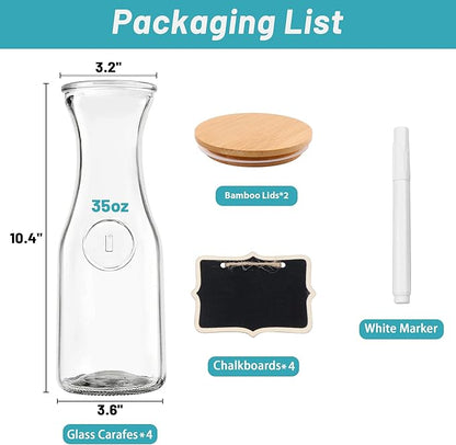 Glass Carafe with Bamboo Lid, Round 35 Oz Beverage Dispensers Carafe, Mimosa Bar Supplies, Clear Glass Pitcher with Name Labels for Iced Tea, Coffee, Juice(Set of 2)