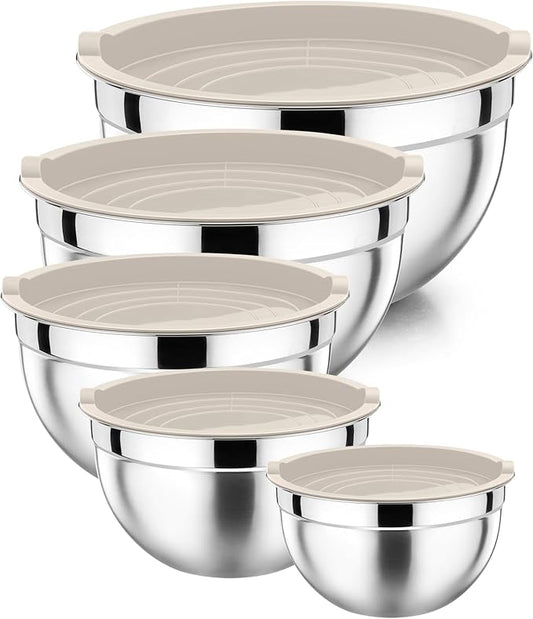 P&P CHEF Mixing Bowls with Airtight Lids Set of 5, 10-Piece Stainless Steel Mixing Nesting Bowl, Metal Bowl with Lid for Kitchen Prepping & Storing, Size 4.6, 3, 1.5, 1, 0.7 QT, Khaki