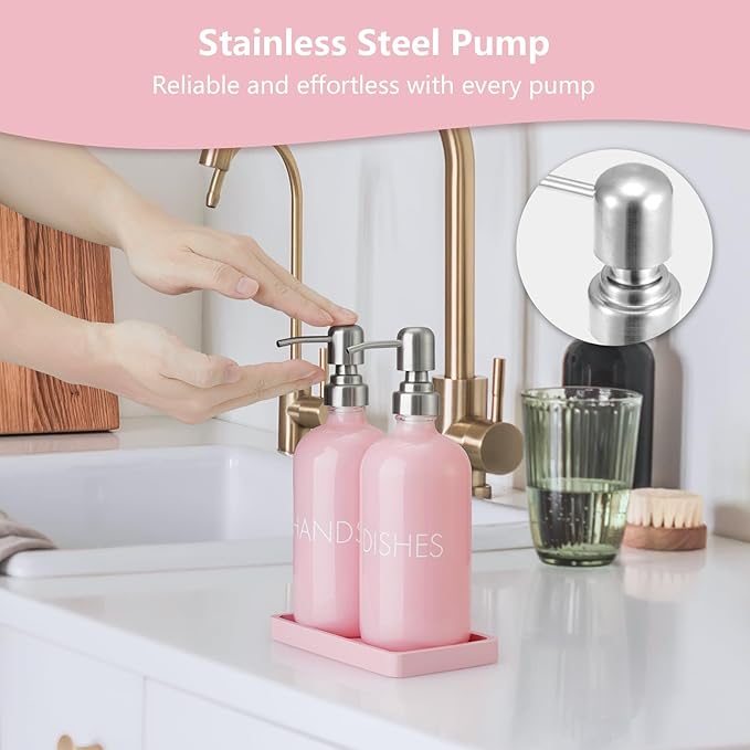 Pink Glass Dish and Hand Soap Dispenser Set - Kitchen Soap Dispenser with Tray and Stainless Steel Pump - for Modern Pink Kitchen Decor and Accessories