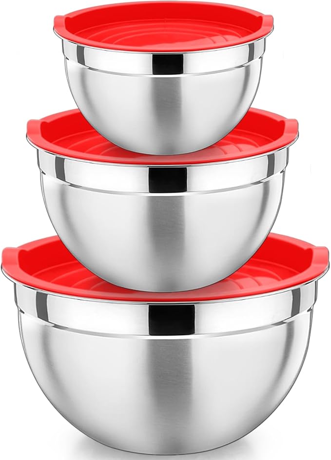 P&P CHEF Red Mixing Bowls with Lids, Set of 3, Stainless Steel Salad Nesting Bowl for Mixing, Storing, Prepping, Airtight & Stackable, Size 4.6/3 /1.5 QT by PPCHEF