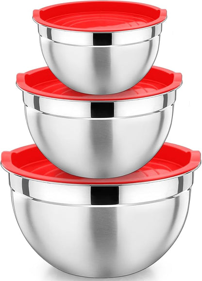 P&P CHEF Red Mixing Bowls with Lids, Set of 3, Stainless Steel Salad Nesting Bowl for Mixing, Storing, Prepping, Airtight & Stackable, Size 4.6/3 /1.5 QT by PPCHEF