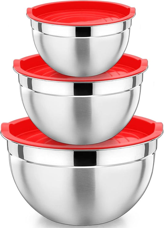 P&P CHEF Red Mixing Bowls with Lids, Set of 3, Stainless Steel Salad Nesting Bowl for Mixing, Storing, Prepping, Airtight & Stackable, Size 4.6/3 /1.5 QT by PPCHEF
