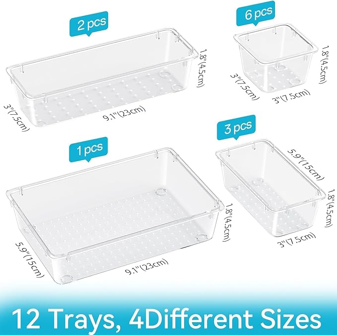 ElegantArray 12 PCS Drawer Organizer Set, 4 Sizes Tool Storage Trays, Clear Plastic Makeup Vanity Organizer and Storage Bins for Makeup, Stationeries, Multiple Gadgets for Bathroom, Office, Bedroom - Image 2