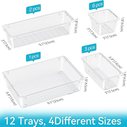 ElegantArray 12 PCS Drawer Organizer Set, 4 Sizes Tool Storage Trays, Clear Plastic Makeup Vanity Organizer and Storage Bins for Makeup, Stationeries, Multiple Gadgets for Bathroom, Office, Bedroom - Image 2