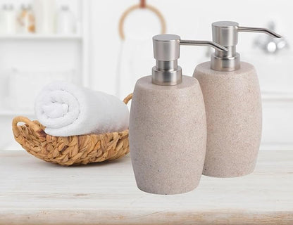 Clasin Home Sandstone Textured Resin Soap Dispenser with Metallic Pump and Waterproof Bottle Labels for Bathroom Kitchen Dish Hand Wash Shower Lotion Shampoo, 12 Oz, 2 Sets Beige