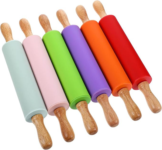 6 Pack Small Rolling Pins for Kids, Silicone Rolling Pin with Wooden Handle, Mini Rolling-Pins for Dough, Cookie, Pastry, 12 Inch (6 Colors) by AojSup